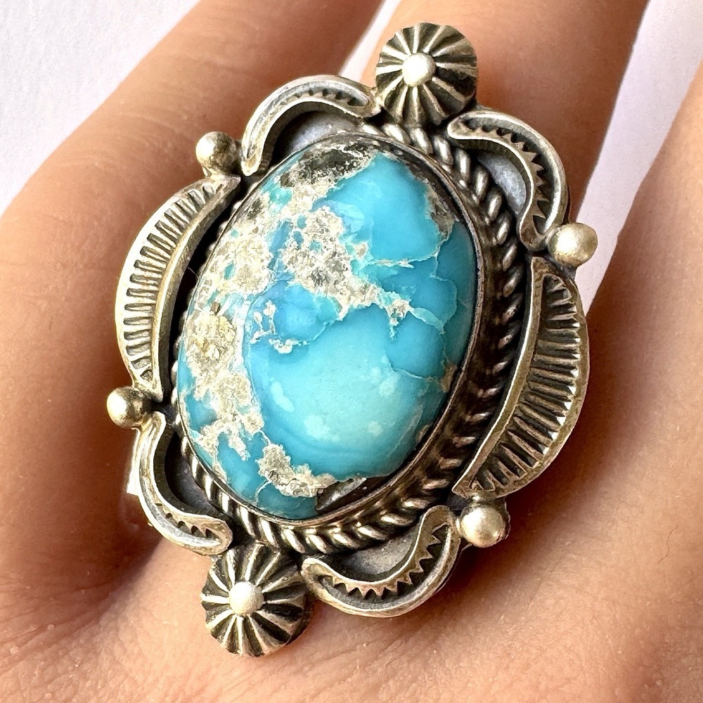 Navajo Blue Golden Hills Turquoise Ring Sz 6 Signed Benny Ramone Sterling Native